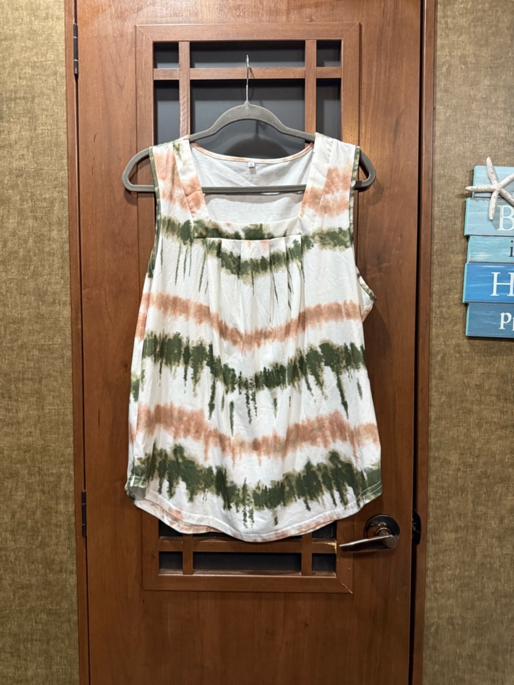 White Tie-Dye Tank Top with Olive and Tan Stripes